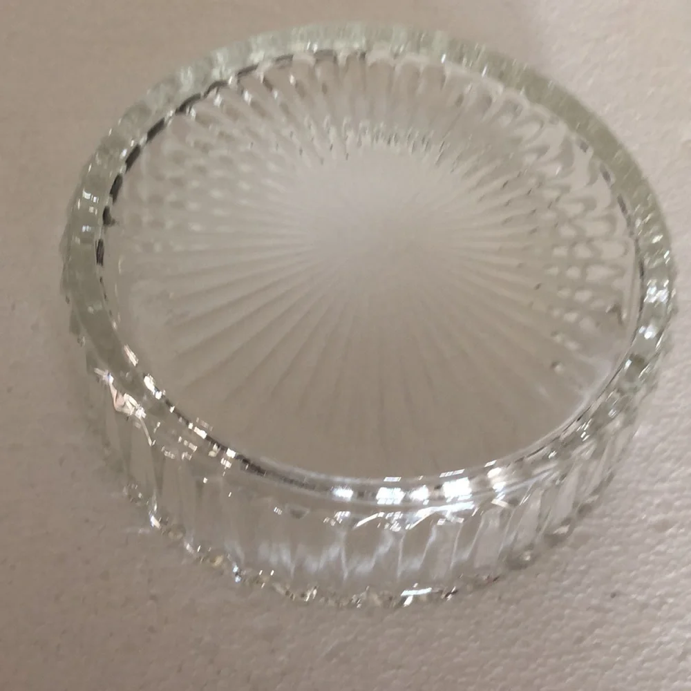 Vintage Glass Crystal Trinket Bowl w/Lid, Brass Dog Handle w/Copper Floral Plate